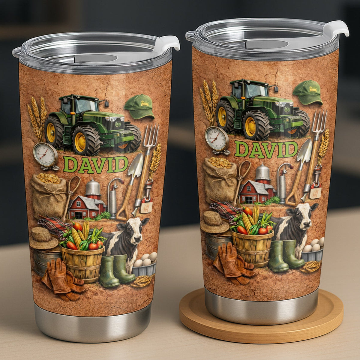 Customer in Austin, Texas wearing Farmhouse Tractor Tumbler, Personalized Custom Name Stainless Steel Insulated Cup, Farm Life Gift fo