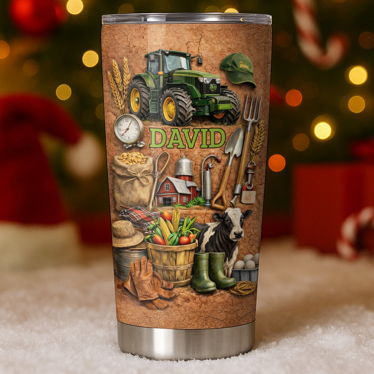 Close-up of Farmhouse Tractor Tumbler, Personalized Custom Name Stainless Steel Insulated Cup, Farm Life Gift fo for streetwear fans in Austin, Texas