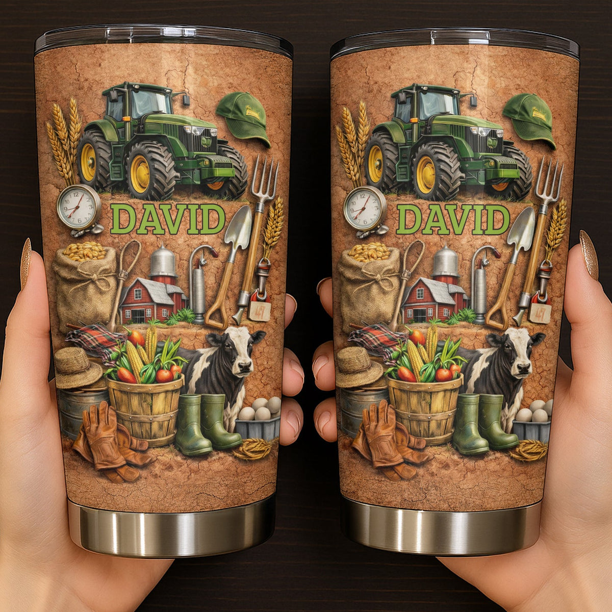 Customer in Austin, Texas wearing Farmhouse Tractor Tumbler, Personalized Custom Name Stainless Steel Insulated Cup, Farm Life Gift fo