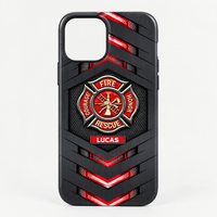 A single personalized firefighter tough phone case for iPhone featuring a carbon fiber texture finish, red geometric accents