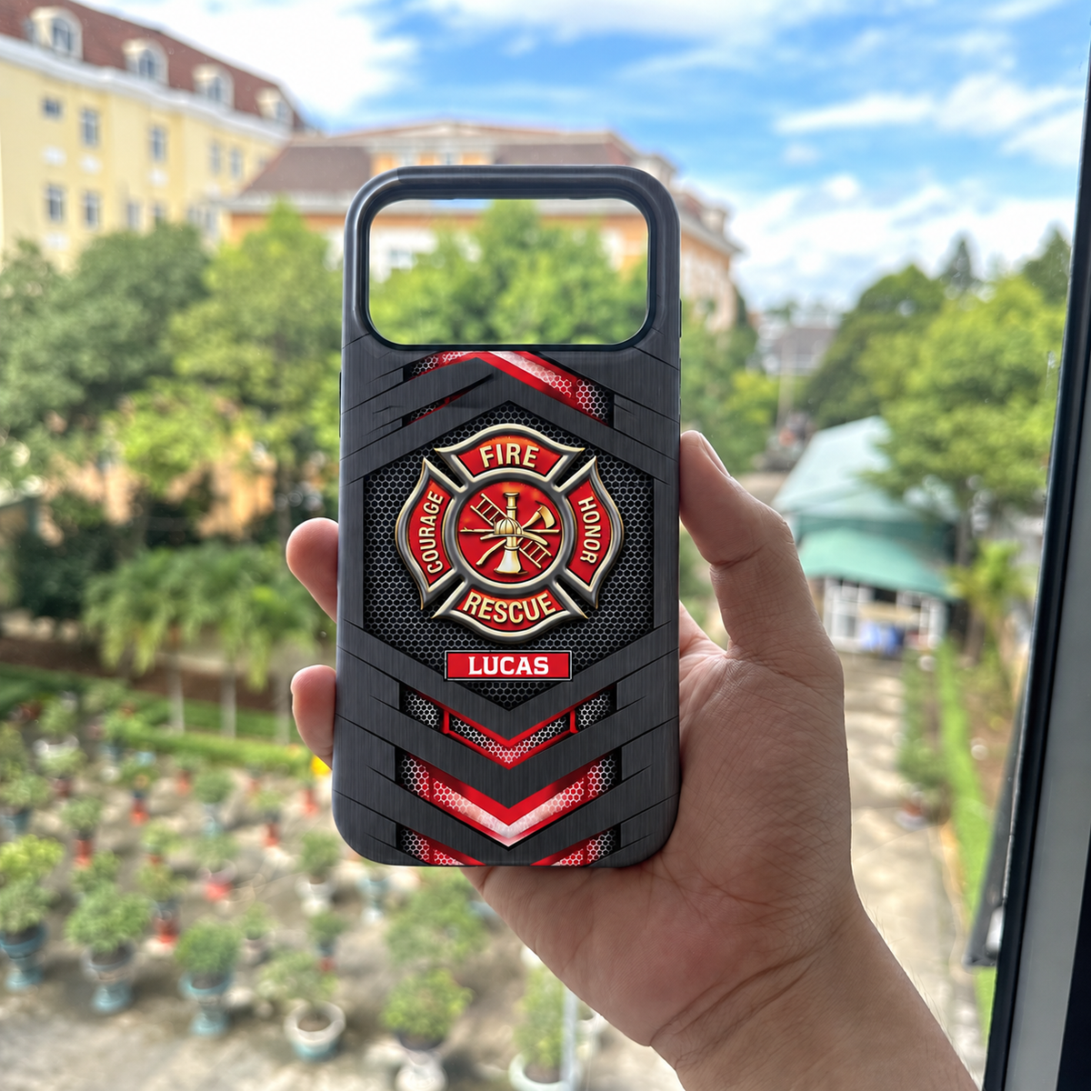 Customer in Austin, Texas wearing Fire Rescue Courage Honor Phone Case for Firefighters First Responders Gift