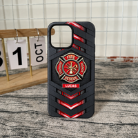 A single firefighter tough phone case with a carbon fiber texture and custom name Lucas standing on a rustic wooden surface.