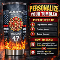Instruction graphic explaining how to personalize the stainless steel tumbler with department name, custom name, and badge