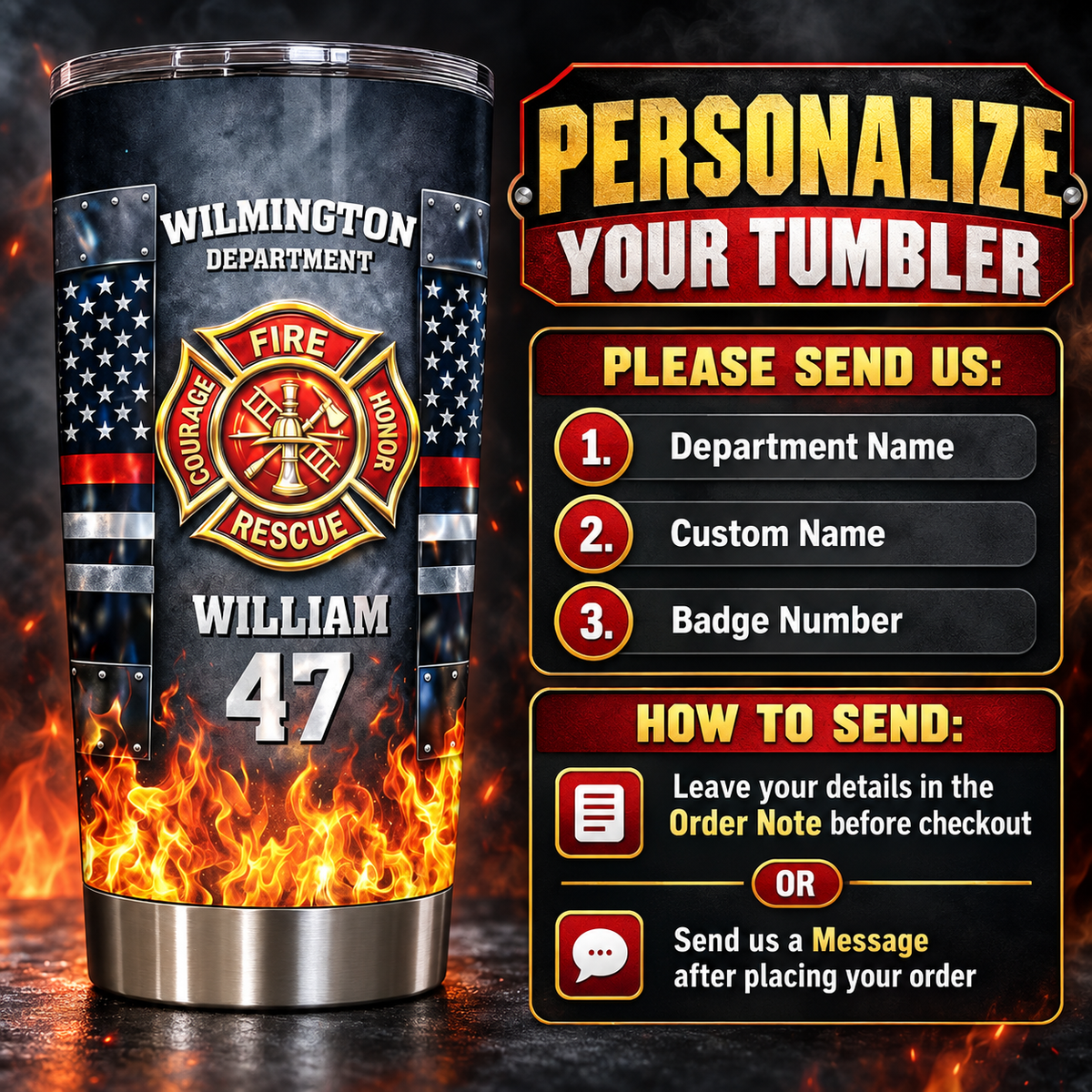 Instruction graphic explaining how to personalize the stainless steel tumbler with department name, custom name, and badge