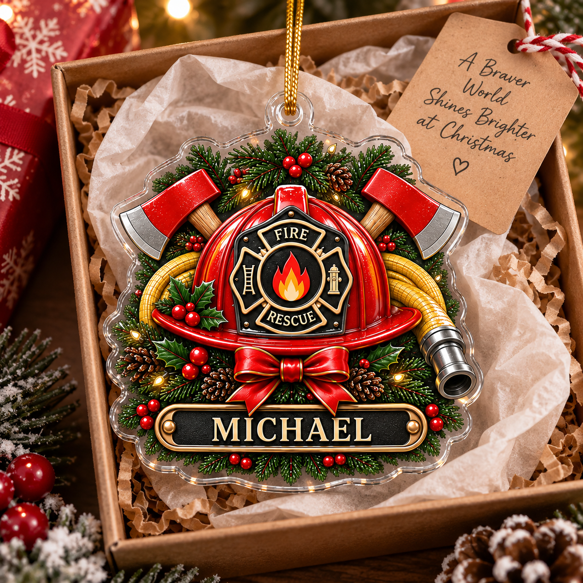 Fire Rescue Ornament Personalized Firefighter Christmas Keepsake with Helmet and Axe for Holiday Gif on a hanger, ready to ship from Austin, Texas