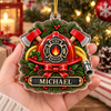 Customer in Austin, Texas wearing Fire Rescue Ornament Personalized Firefighter Christmas Keepsake with Helmet and Axe for Holiday Gif