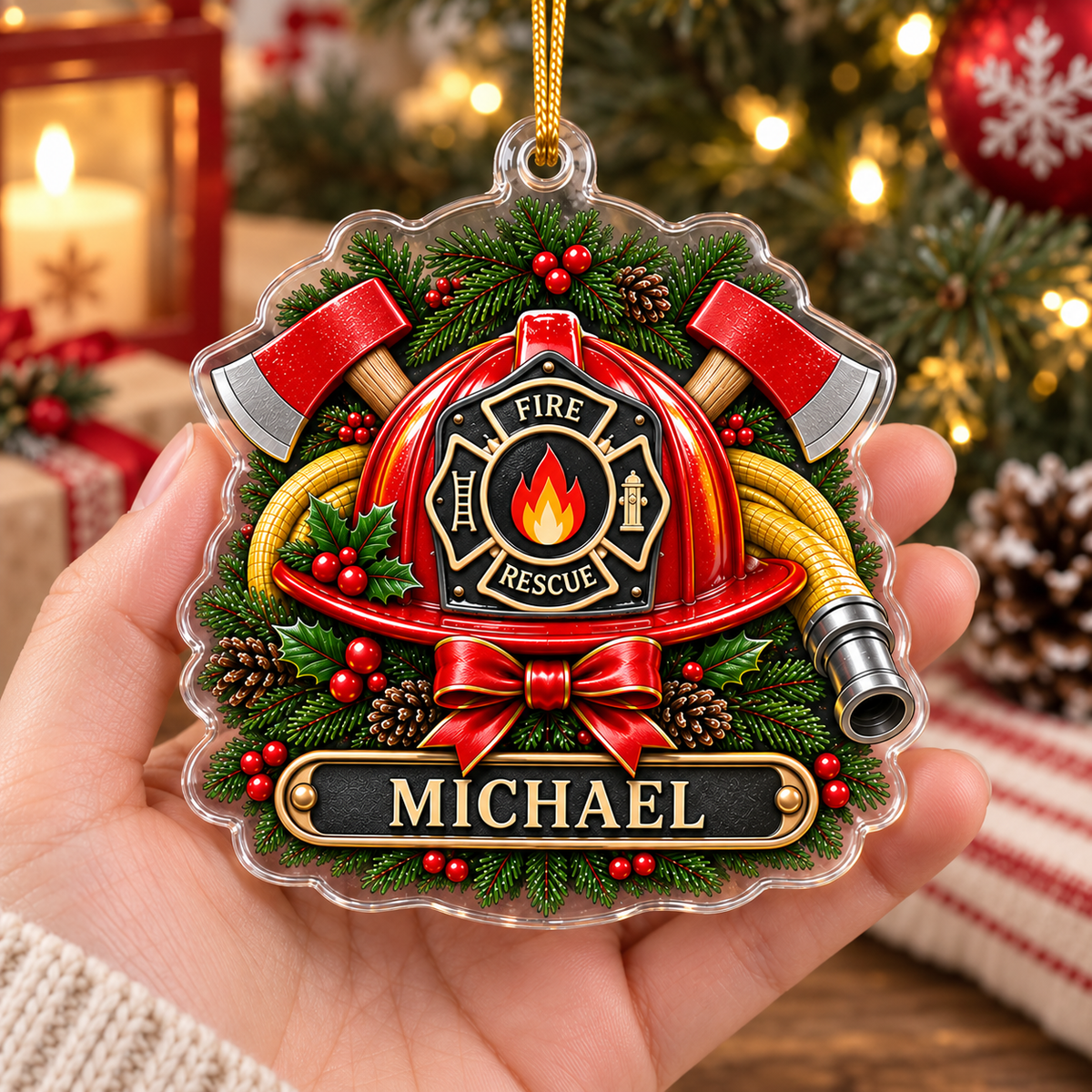 Customer in Austin, Texas wearing Fire Rescue Ornament Personalized Firefighter Christmas Keepsake with Helmet and Axe for Holiday Gif