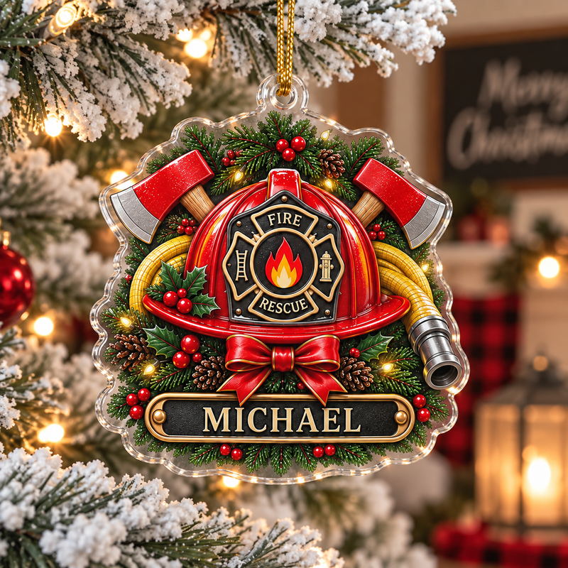 Fire Rescue Ornament Personalized Firefighter Christmas Keepsake with Helmet and Axe for Holiday Gif available at our Austin, Texas warehouse
