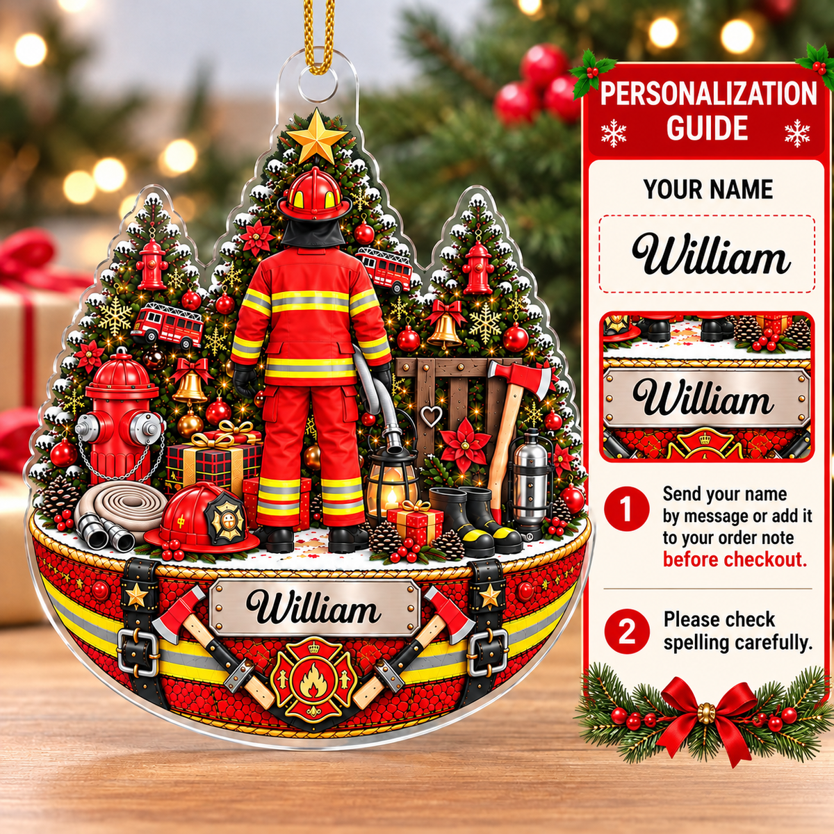 Personalized Firefighter Christmas Tree Ornament Custom Name Fireman Gift - personalization options and ordering guide