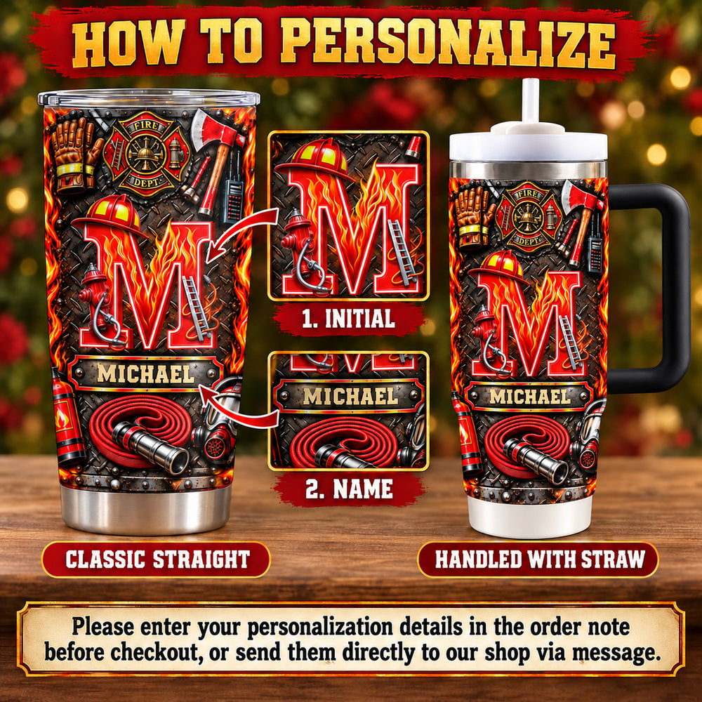 Instructional graphic showing personalization steps for the custom stainless steel firefighter tumbler.