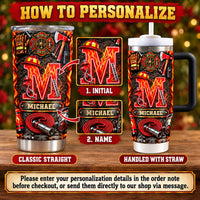 Instructional graphic showing personalization steps for the custom stainless steel firefighter tumbler.