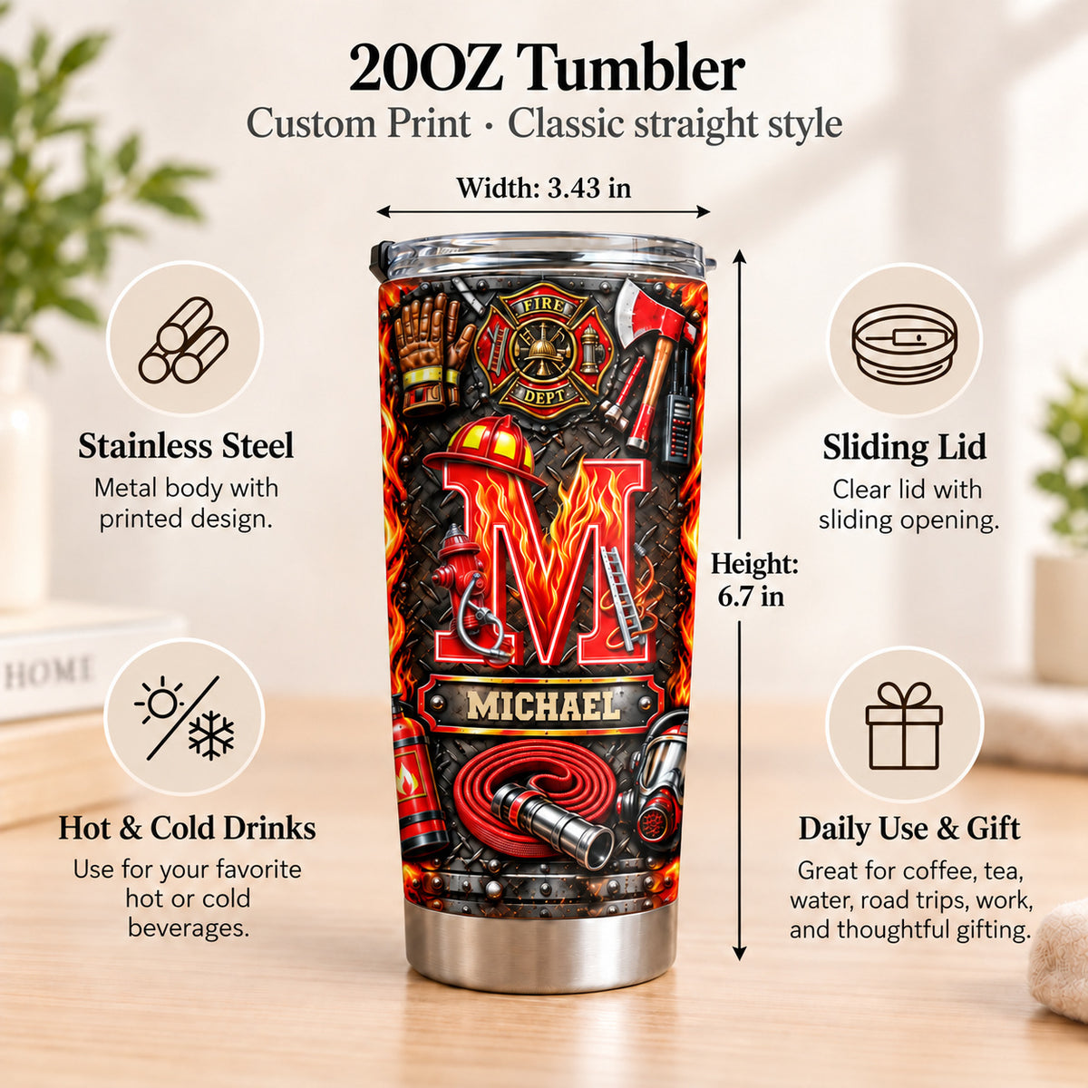 Personalized Firefighter Initial Name Tumbler Fire Department Gift - size and material guide