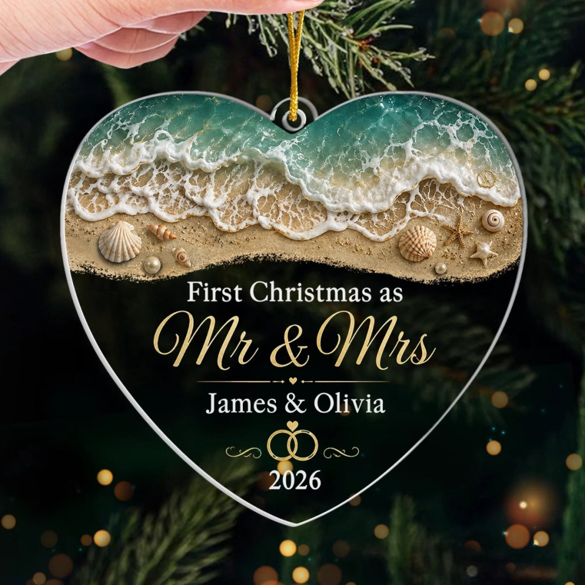 Customer in Austin, Texas wearing First Christmas as Mr & Mrs Ornament, Personalized Newlywed Gift, Beach Wedding Keepsake, Custom Nam