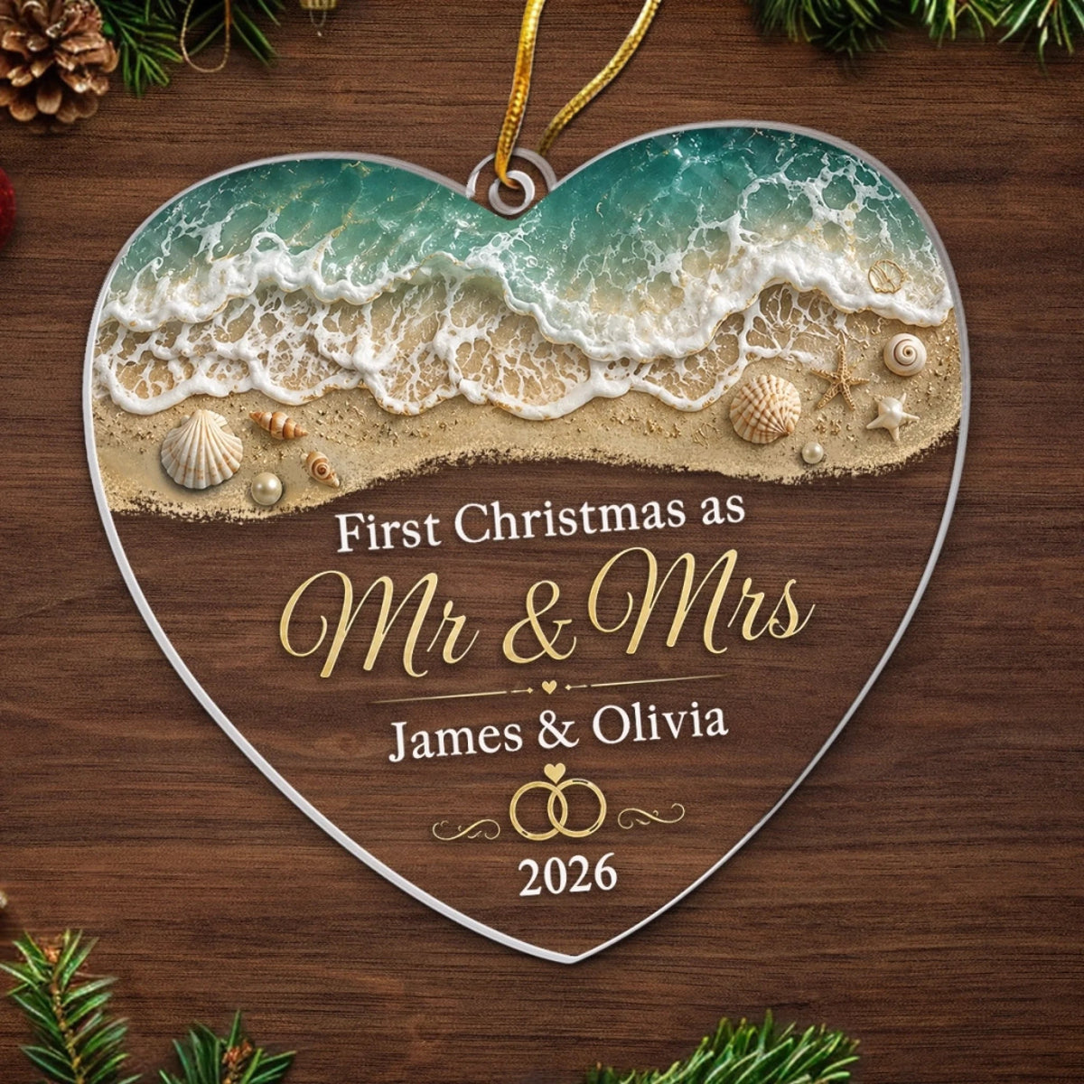 Close-up of First Christmas as Mr & Mrs Ornament, Personalized Newlywed Gift, Beach Wedding Keepsake, Custom Nam for streetwear fans in Austin, Texas