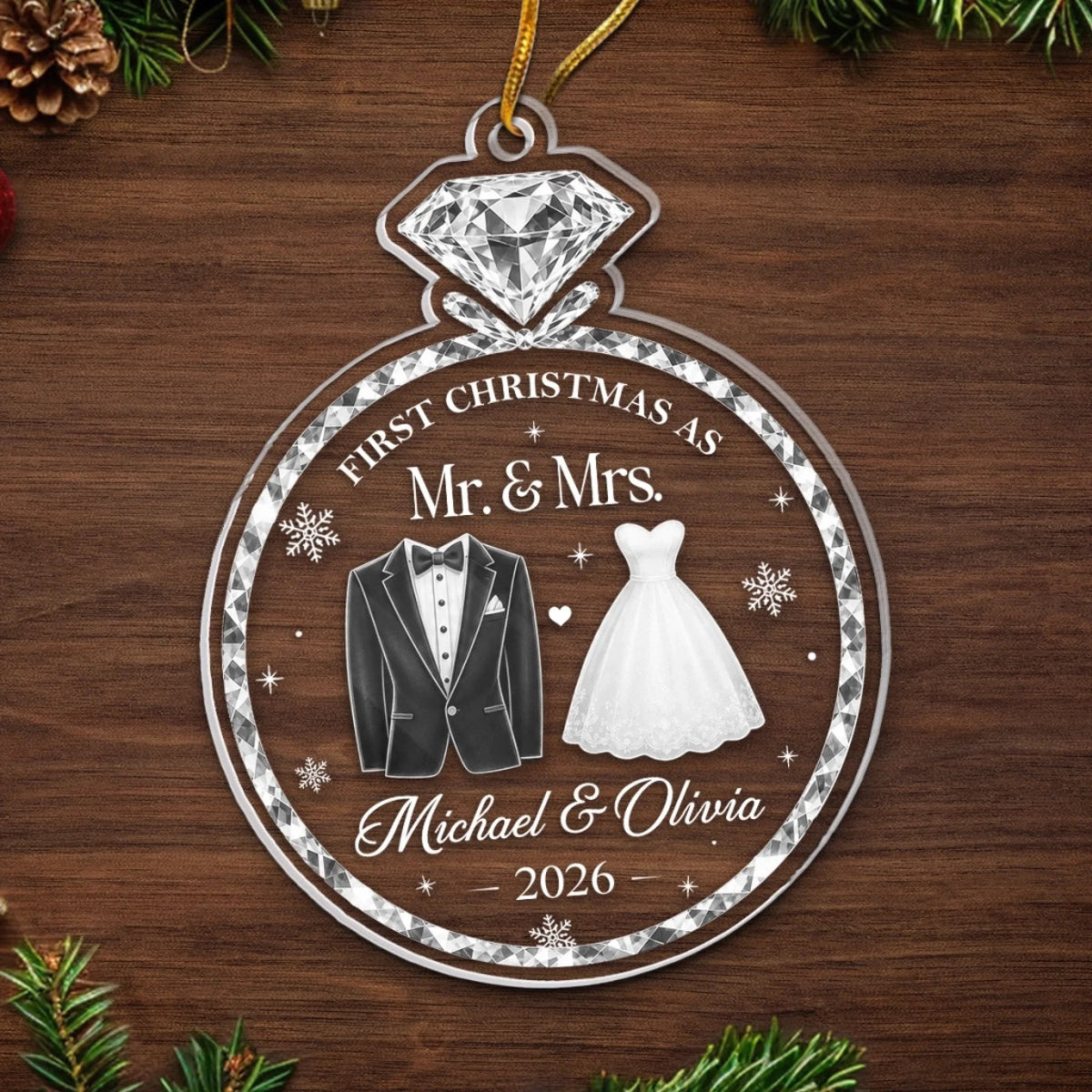 Customer in Austin, Texas wearing First Christmas as Mr. & Mrs. Ornament, Personalized Newlywed Gift, Wedding Keepsake Christmas Ornam