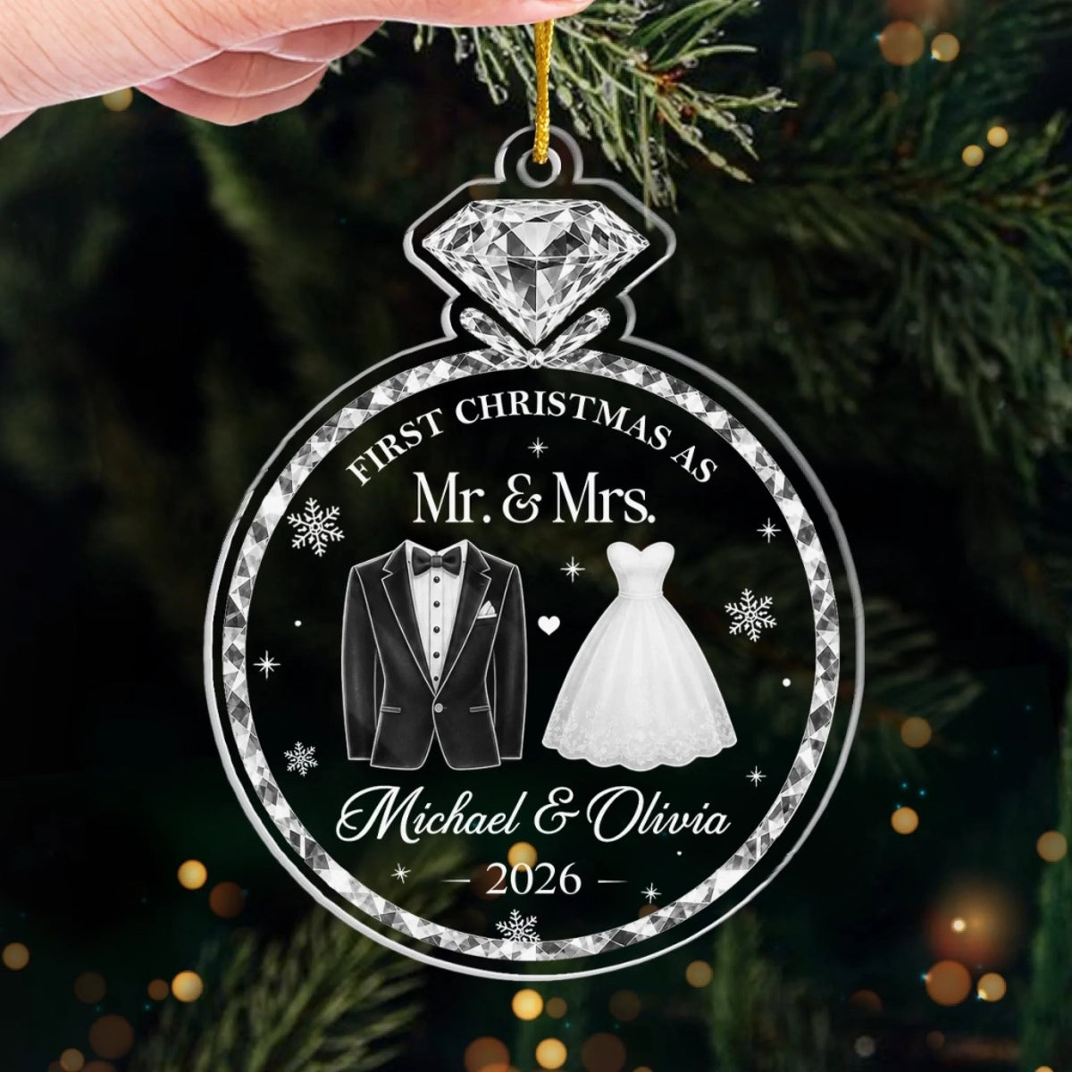 Close-up of First Christmas as Mr. & Mrs. Ornament, Personalized Newlywed Gift, Wedding Keepsake Christmas Ornam for streetwear fans in Austin, Texas
