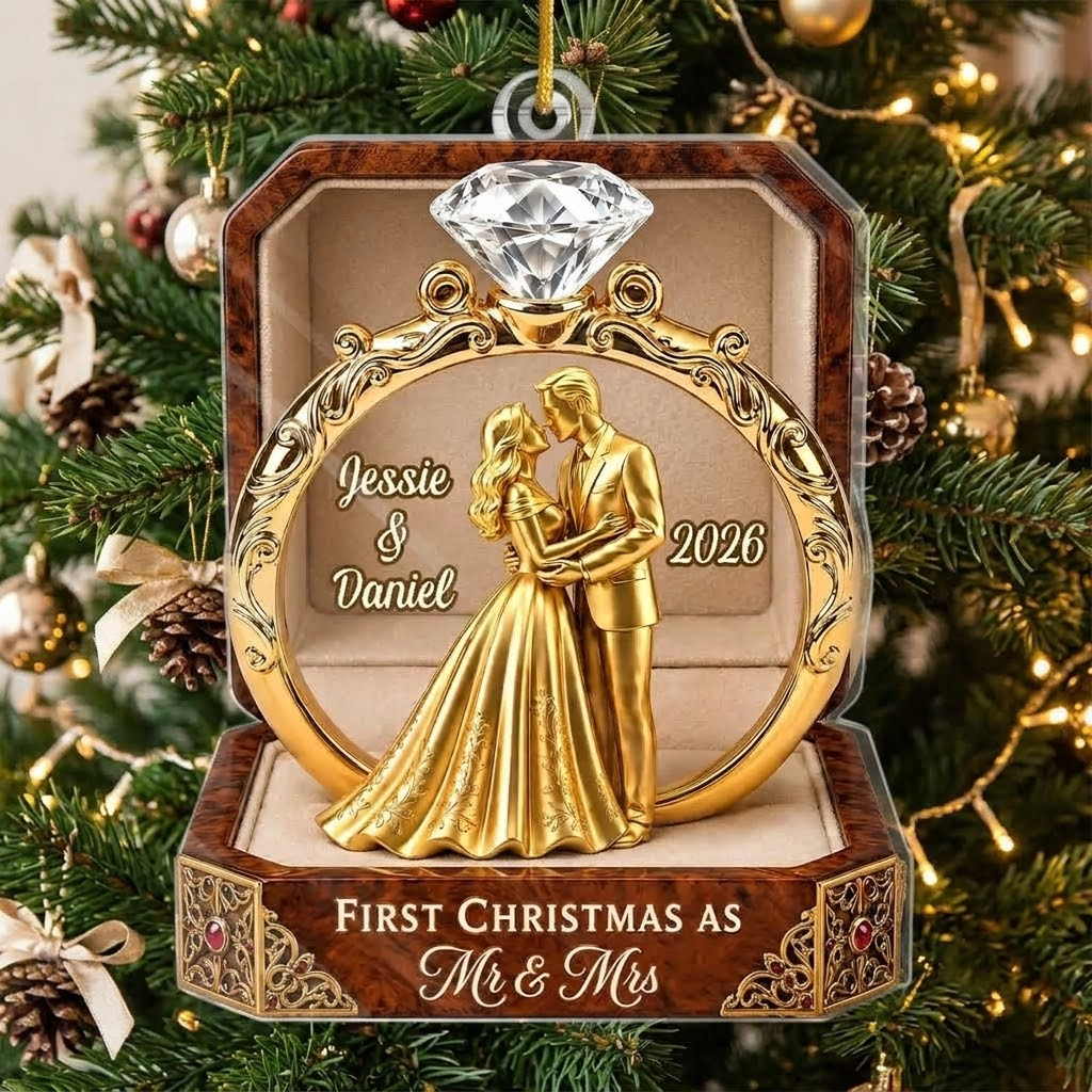 Customer in Austin, Texas wearing First Christmas as Mr & Mrs Ornament Personalized Newlywed Wedding Keepsake Gift