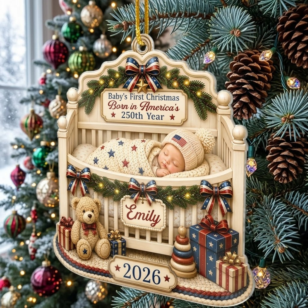 First Christmas Ornament Personalized Baby Crib Keepsake, Custom Name 2026 Newborn Holiday Tree Deco on a hanger, ready to ship from Austin, Texas