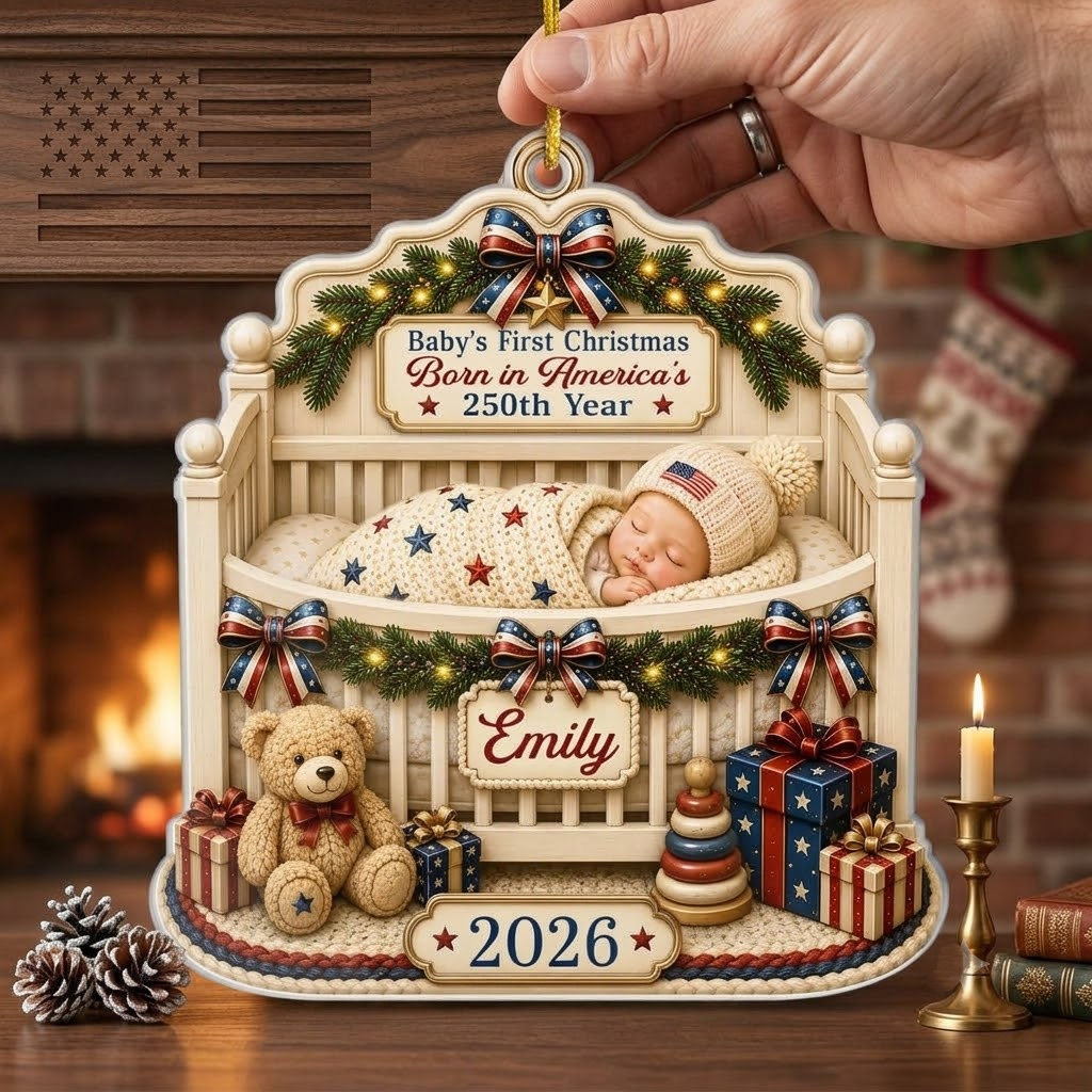 Customer in Austin, Texas wearing First Christmas Ornament Personalized Baby Crib Keepsake, Custom Name 2026 Newborn Holiday Tree Deco