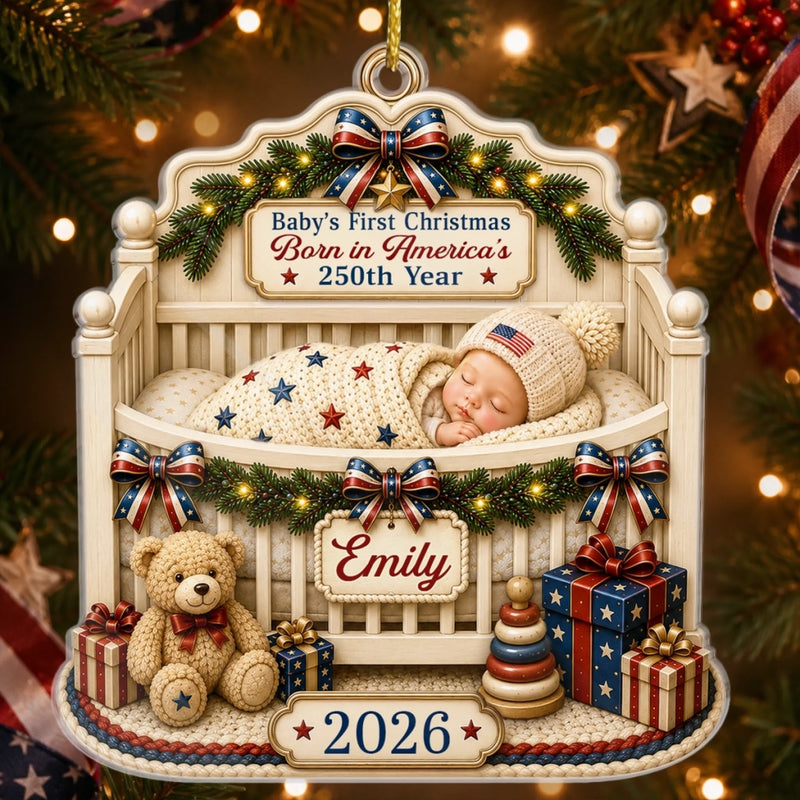 Close-up of First Christmas Ornament Personalized Baby Crib Keepsake, Custom Name 2026 Newborn Holiday Tree Deco for streetwear fans in Austin, Texas