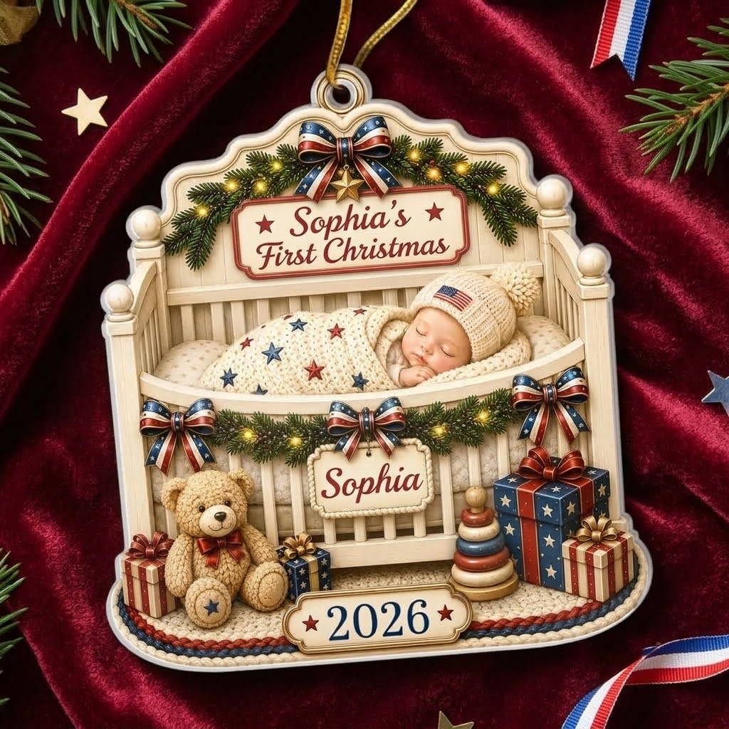 First Christmas Ornament Personalized Baby Crib Keepsake, Custom Name 2026 Newborn Holiday Tree Deco available at our Austin, Texas warehouse