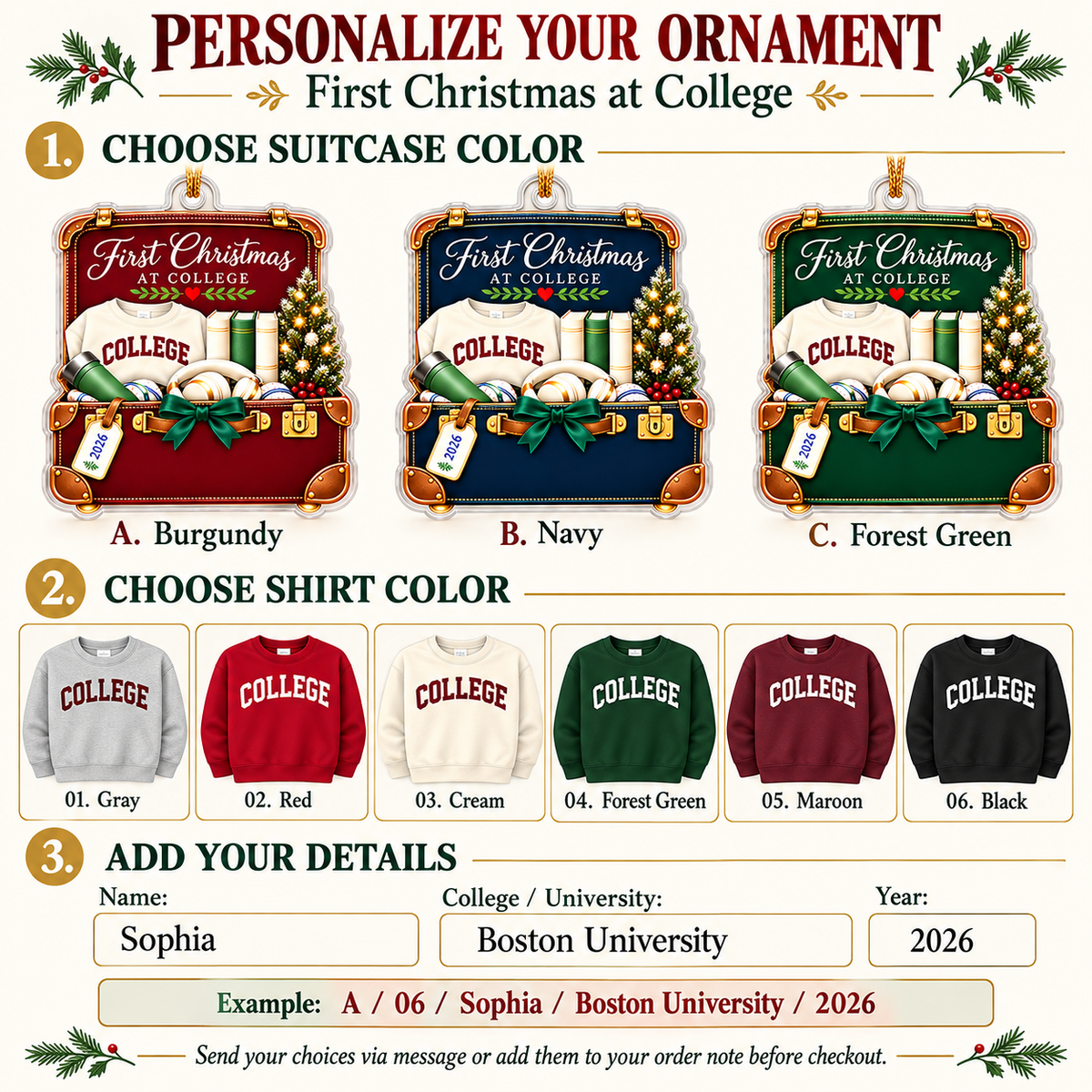 First College Christmas Ornament - personalization instructions