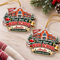 Two personalized freshman year ornaments displayed on a wooden table.