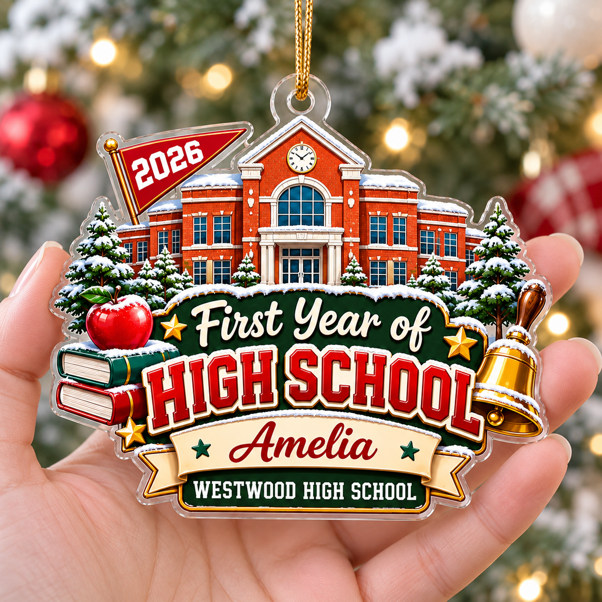 First Year of High School keepsake ornament held in hand near a Christmas tree.