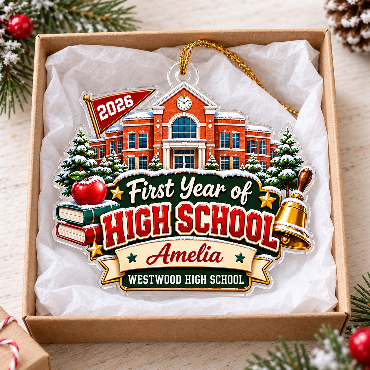 Freshman year ornament packed inside an open gift box with tissue paper.