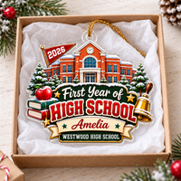 Freshman year ornament packed inside an open gift box with tissue paper.