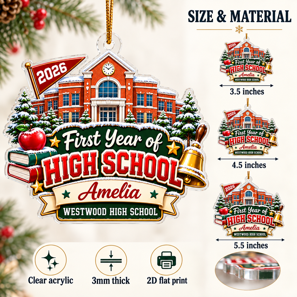 Size and material guide showing 3.5, 4.5, and 5.5 inch acrylic ornament options.