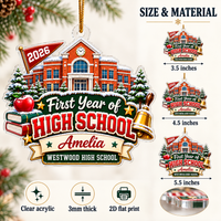 Size and material guide showing 3.5, 4.5, and 5.5 inch acrylic ornament options.