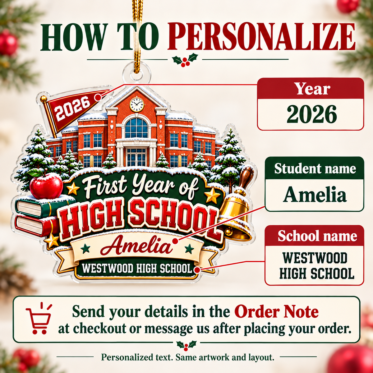 Infographic explaining personalization steps for custom high school keepsake ornaments.
