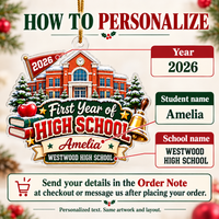 Infographic explaining personalization steps for custom high school keepsake ornaments.