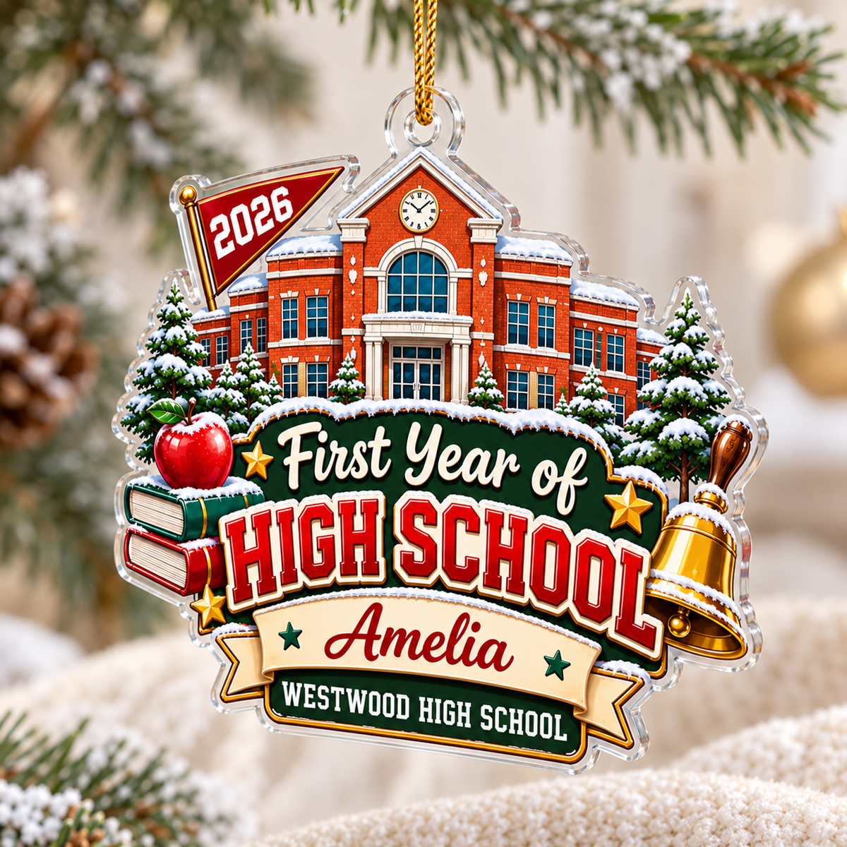 Personalized high school ornament hanging against a soft-focus holiday background.