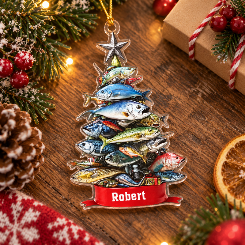 Customer in Austin, Texas wearing Fisherman Christmas Tree Ornament Personalized Fish Stack Gift for Anglers