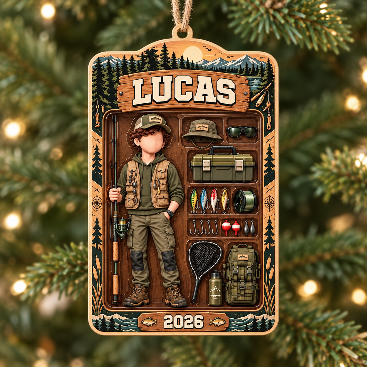 Personalized Fishing Boy Wood Ornament Custom Name Year Angler Gift - main design