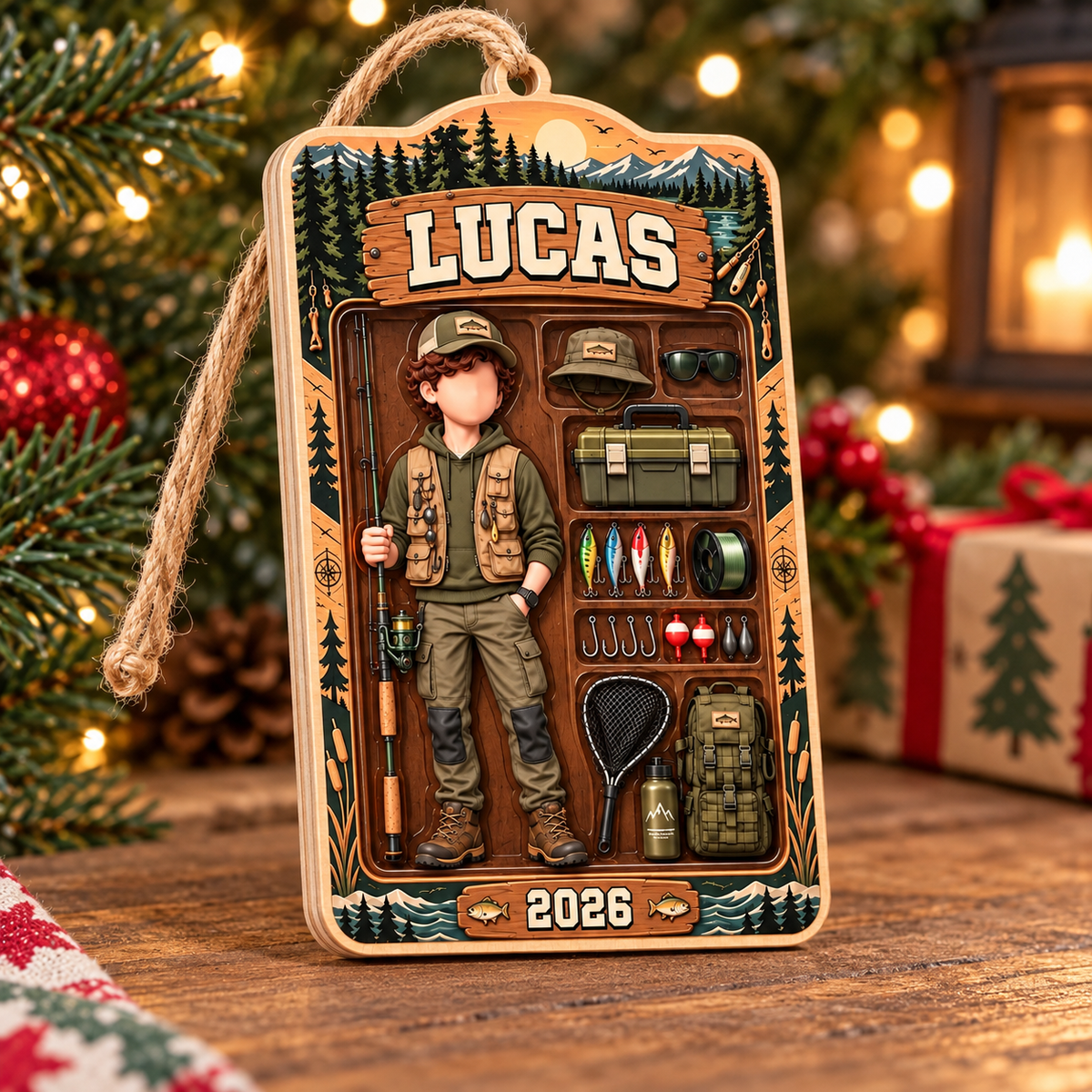 Personalized Fishing Boy Wood Ornament Custom Name Year Angler Gift - product view 5
