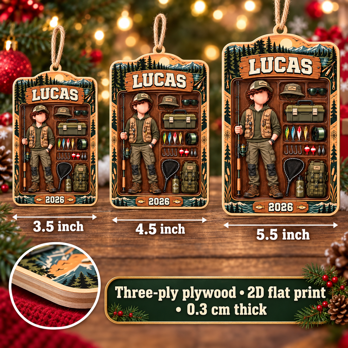 Personalized Fishing Boy Wood Ornament Custom Name Year Angler Gift - size and material details