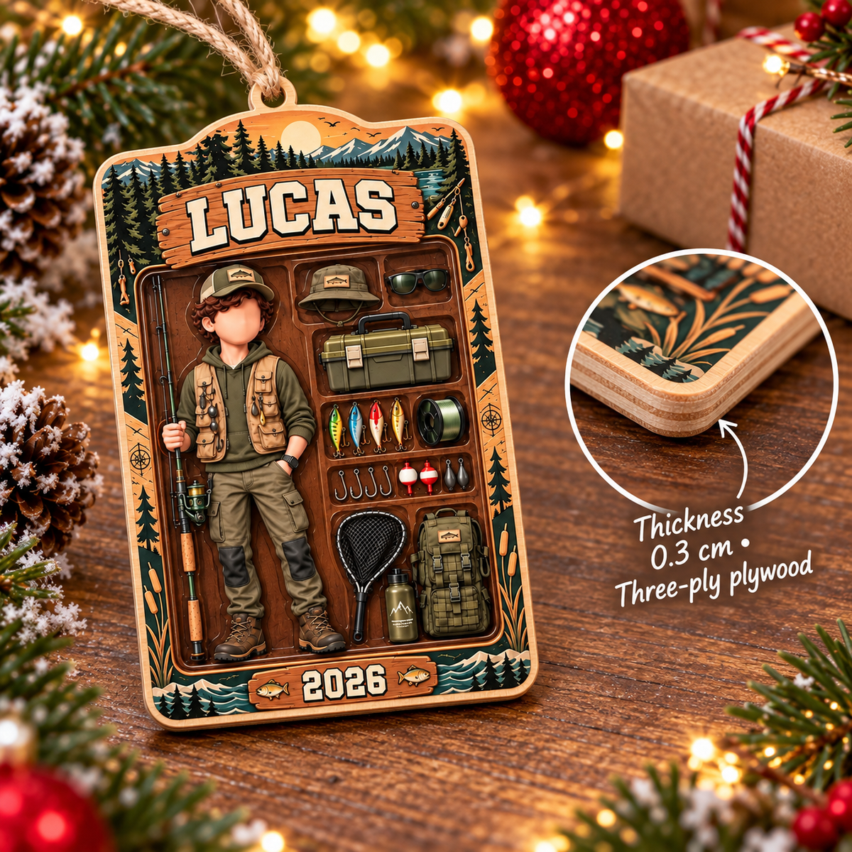 Personalized Fishing Boy Wood Ornament Custom Name Year Angler Gift - size and material details