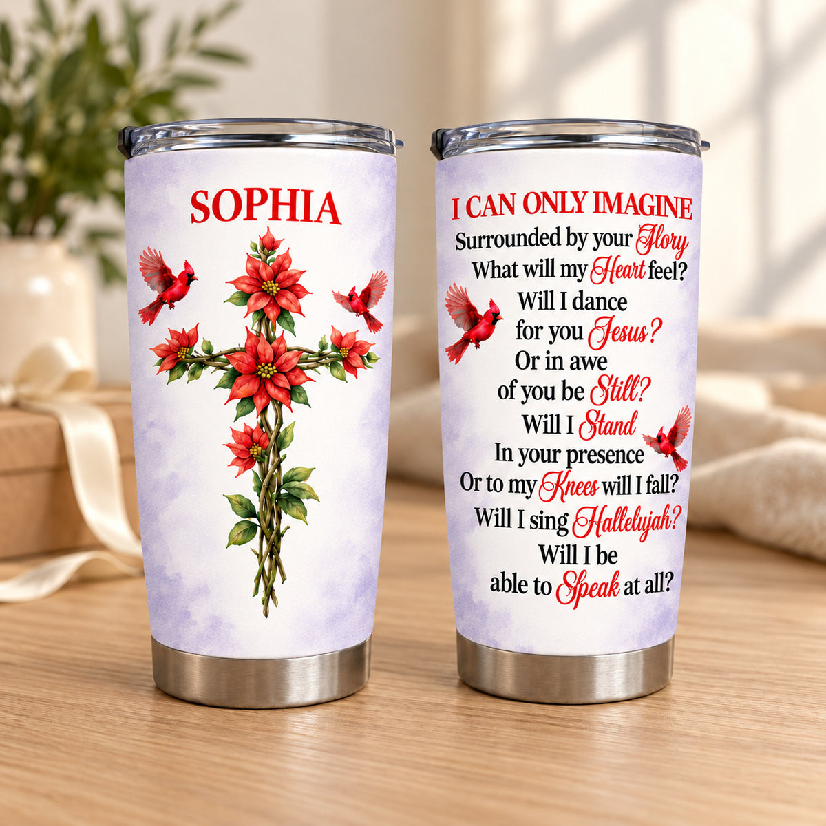 Personalized Floral Cross Cardinal Tumbler Custom Birth Flower Name - main product view