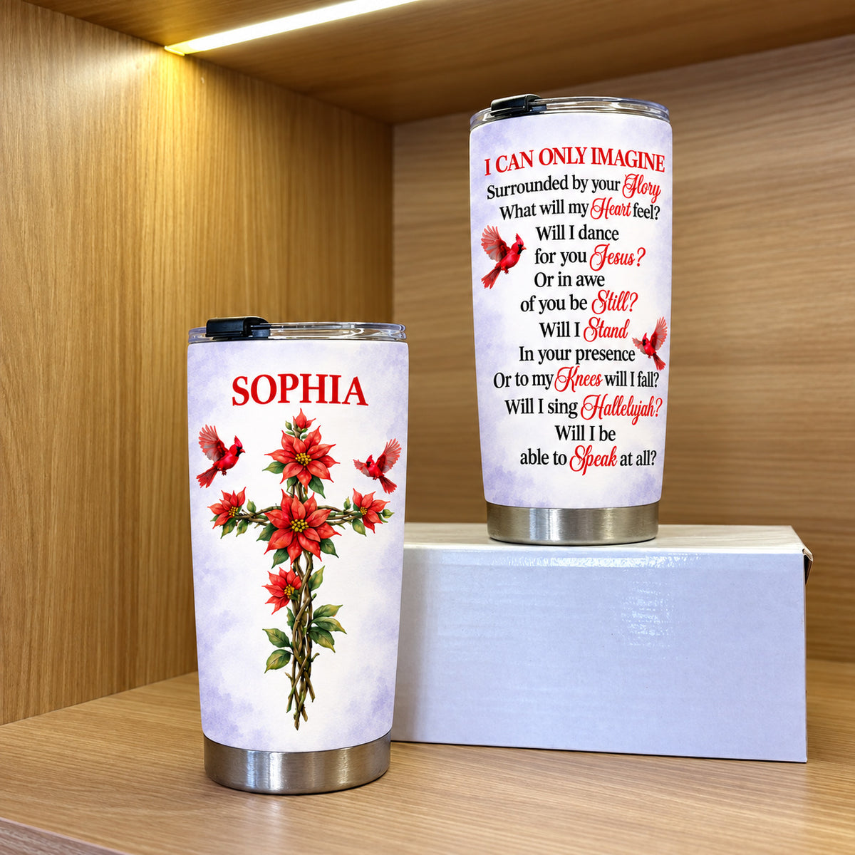 Personalized Floral Cross Cardinal Tumbler Custom Birth Flower Name - product view 3