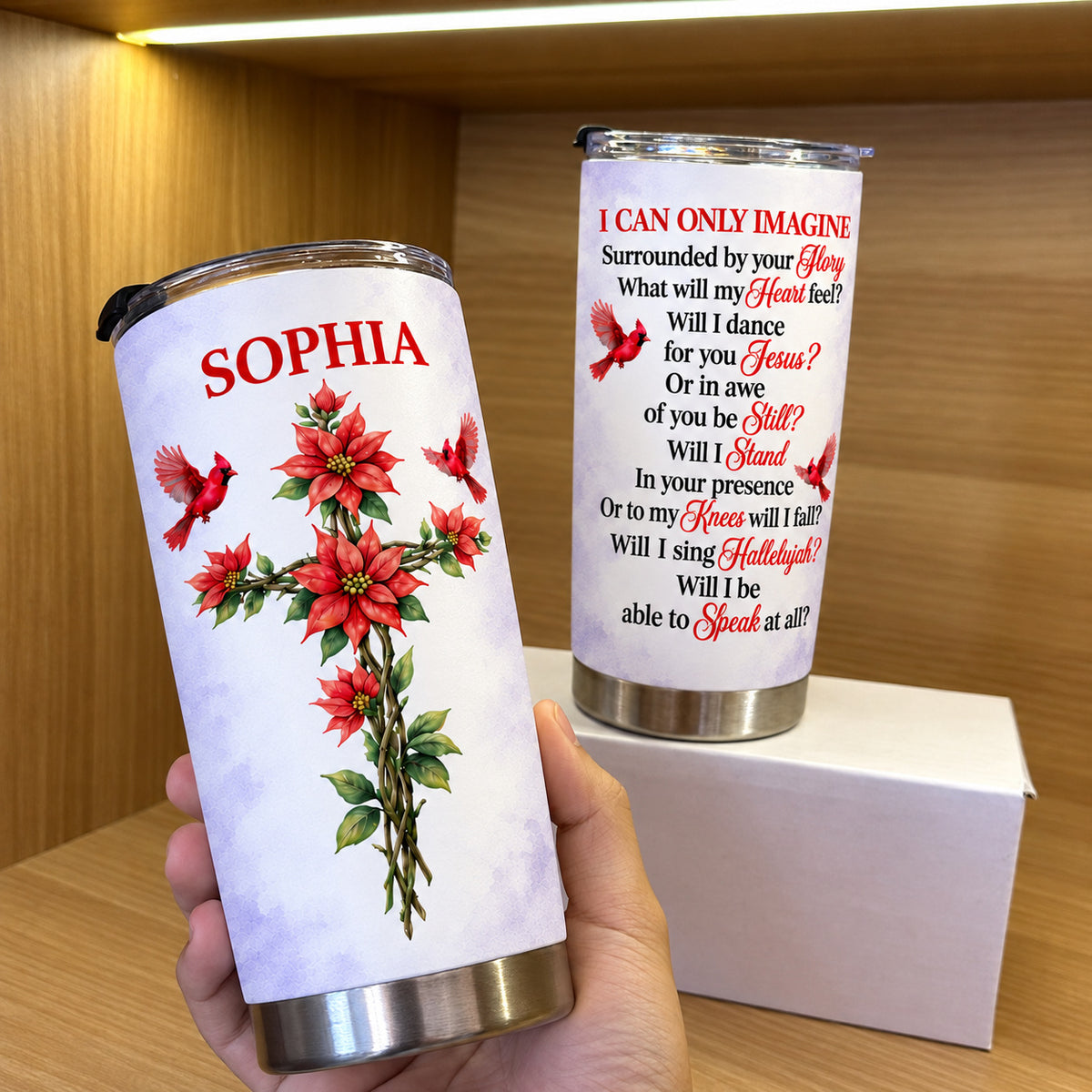 Personalized Floral Cross Cardinal Tumbler Custom Birth Flower Name - product view 4