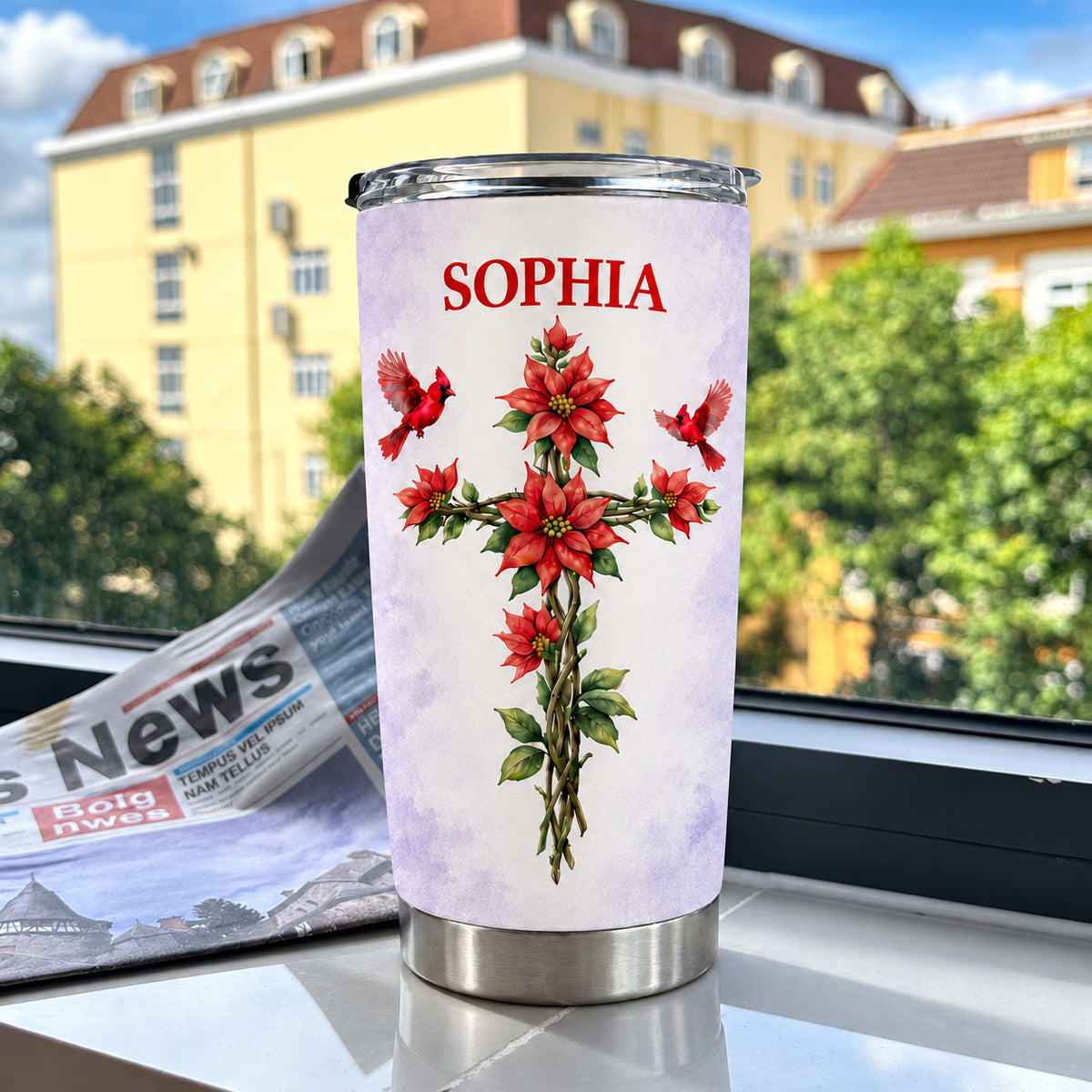 Personalized Floral Cross Cardinal Tumbler Custom Birth Flower Name - product view 5