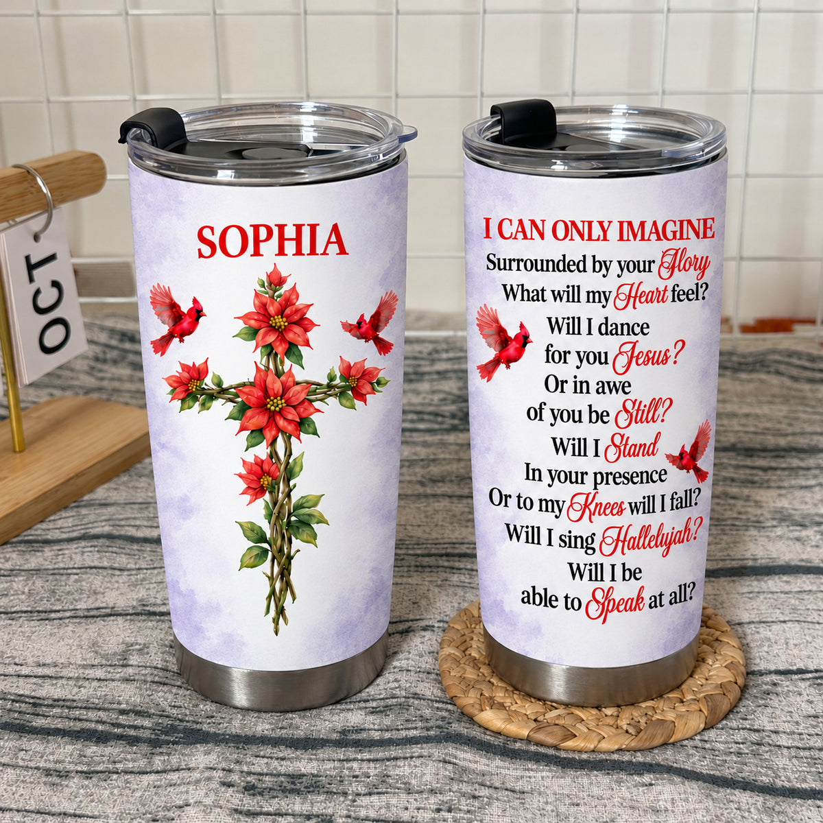 Personalized Floral Cross Cardinal Tumbler Custom Birth Flower Name - product view 6