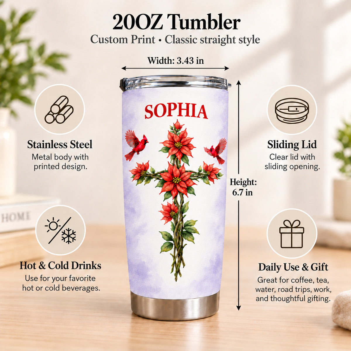 Personalized Floral Cross Cardinal Tumbler Custom Birth Flower Name - size and material guide