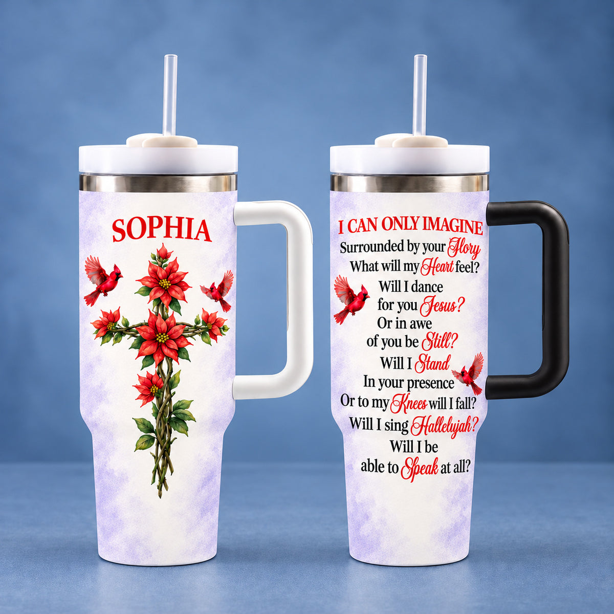 Personalized Floral Cross Cardinal Tumbler Custom Birth Flower Name - handled tumbler options