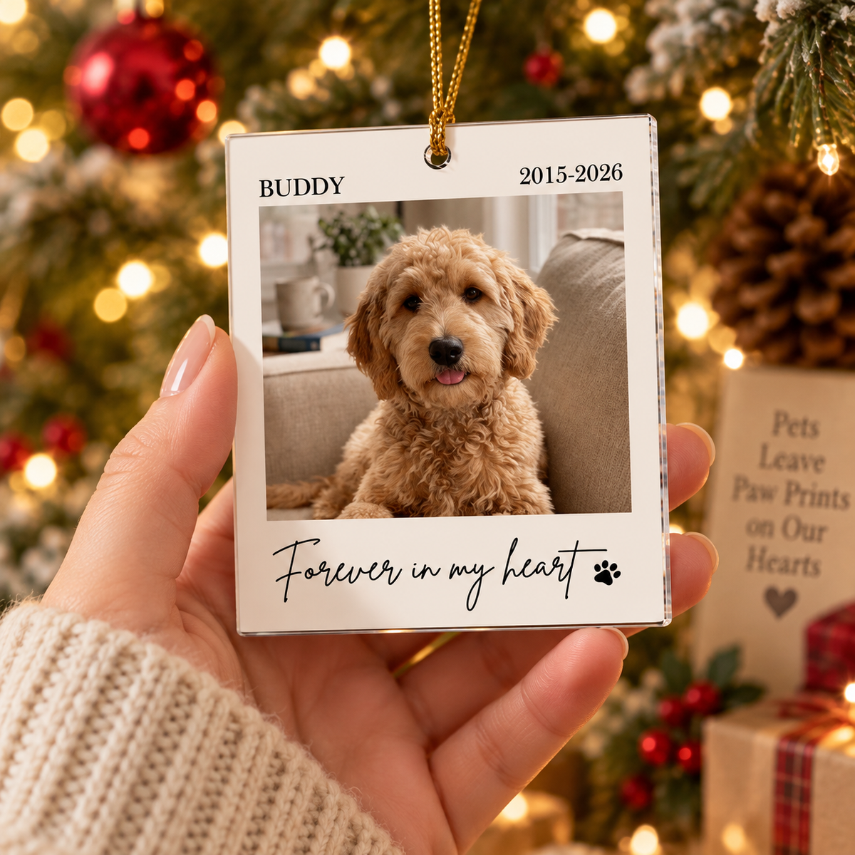 Customer in Austin, Texas wearing Forever In My Heart Pet Memorial Ornament Personalized Dog Cat Loss Sympathy Gift Christmas Keepsake