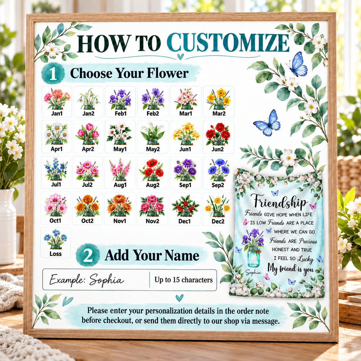 Personalized Friendship Birth Flower Blanket Custom Name Gift - personalization options and ordering guide