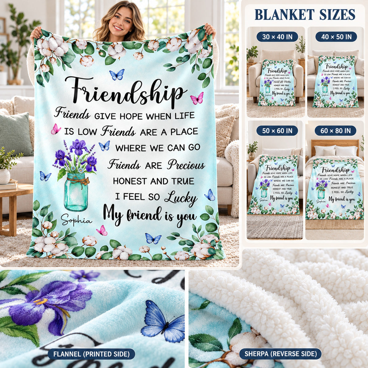Personalized Friendship Birth Flower Blanket Custom Name Gift - size and material guide